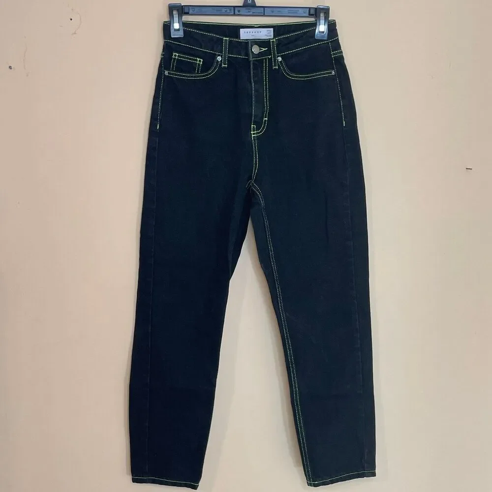 Black Topshop Mom Jeans with Neon Green Stitching size 26x30